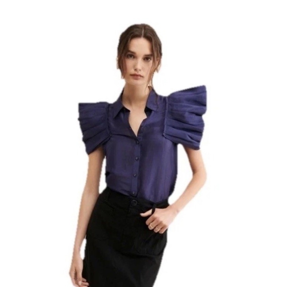 Aureta Studio Stella Blouse S Navy Blue Linen Silk Puff Sleeves Top Luxury Drama